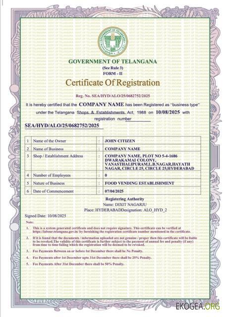 Modèle Word et PDF de certificat d'enregistrement Inde Telangana template